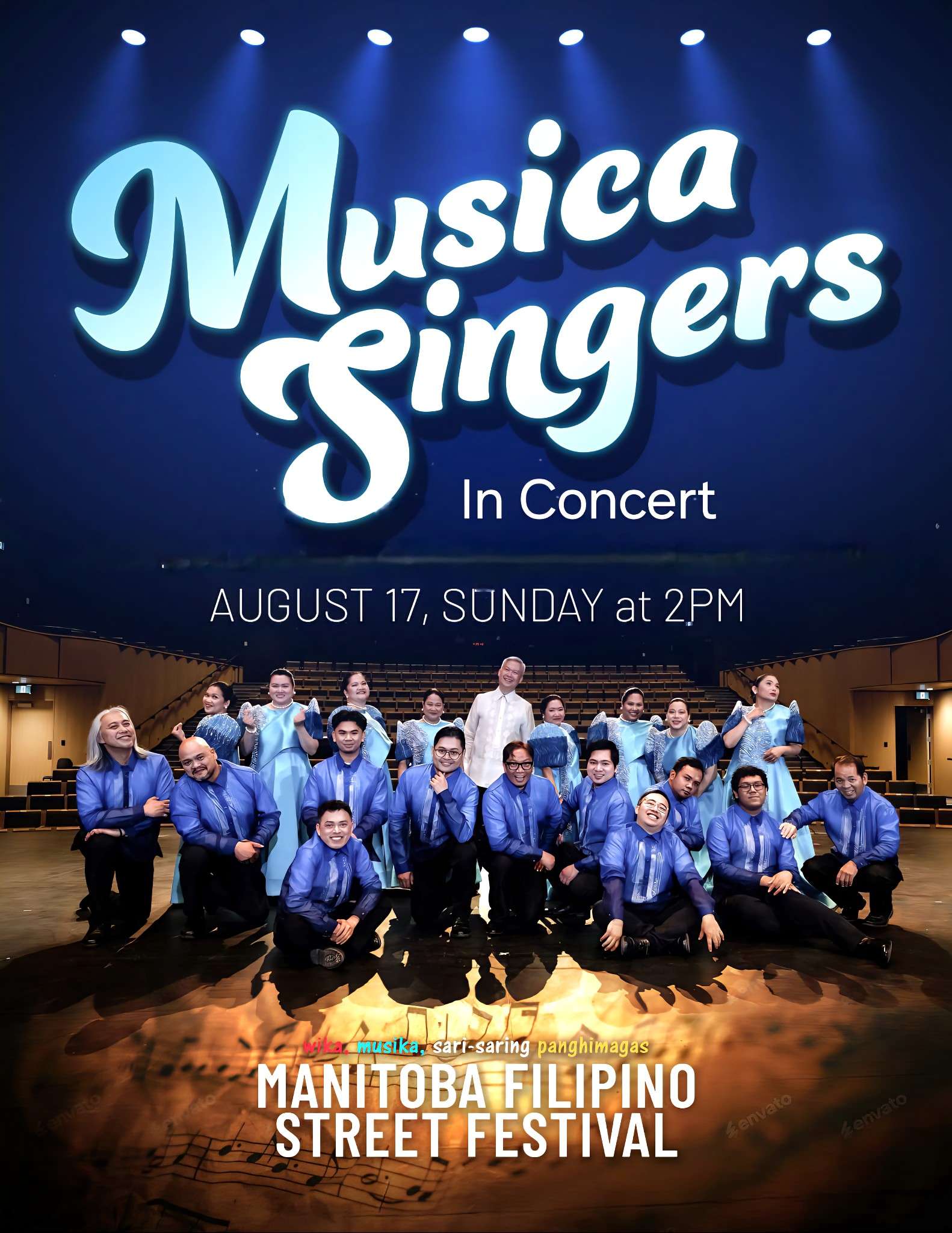 A group of performers in blue outfits pose on stage under a sign reading Musica Singers In Concert. Join the musicasingers on August 17, Sunday at 2 PM for the Manitoba Filipino Street Festival.